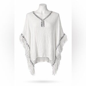 White Sequin Fringe Poncho Top Boho Beach Cover Up Festival One Size